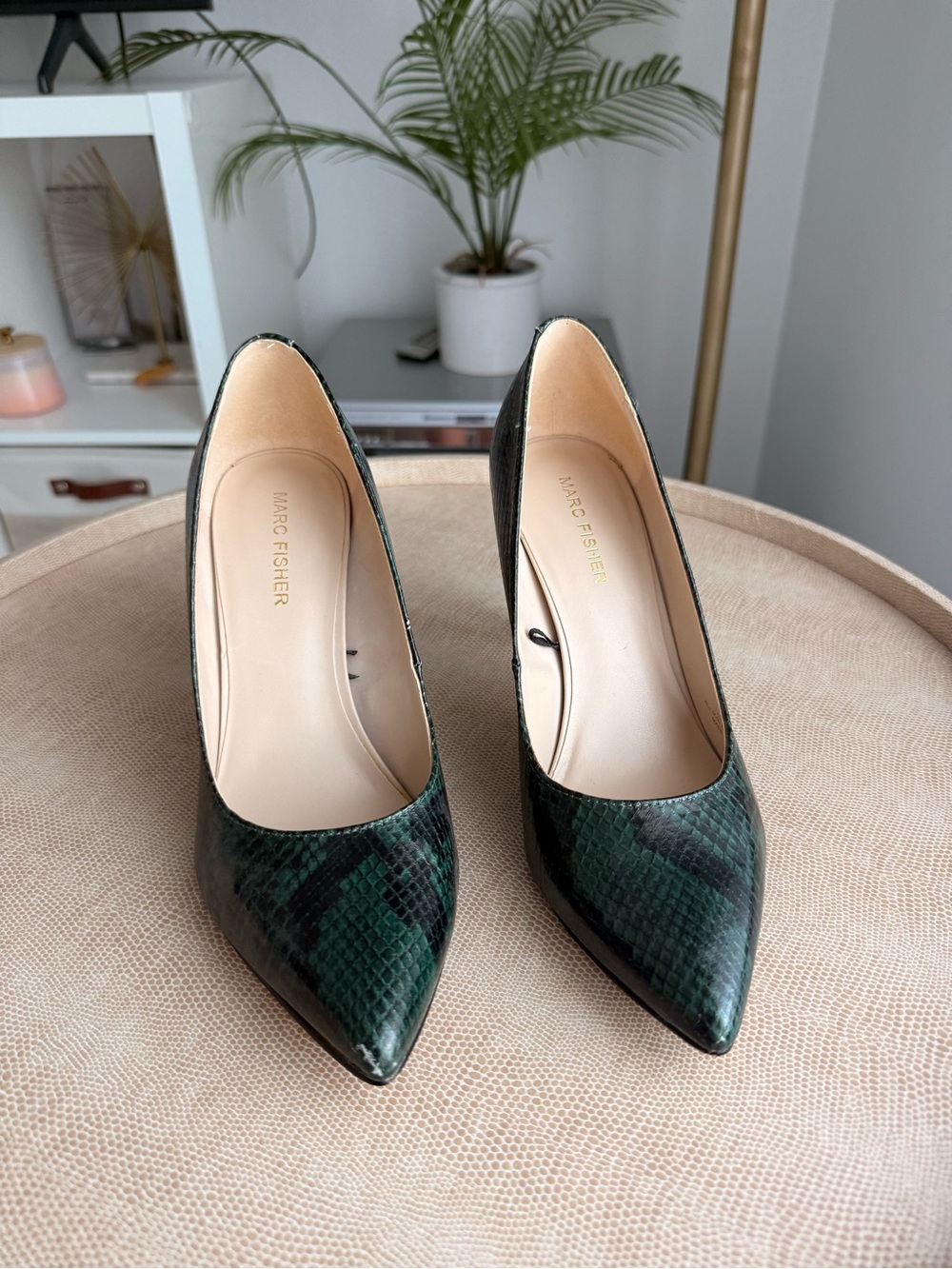 Marc Fisher Dark Green Snake-Print Pointed Pumps
